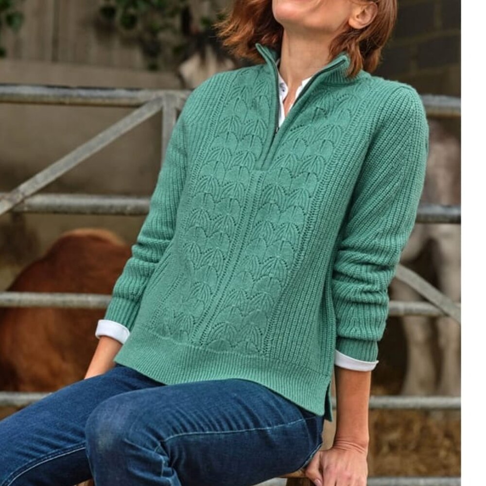 WOOLOVERS Sapphire Green Ribbed Knit 1/2 Zip Sweater Lambswool Cotton Blend